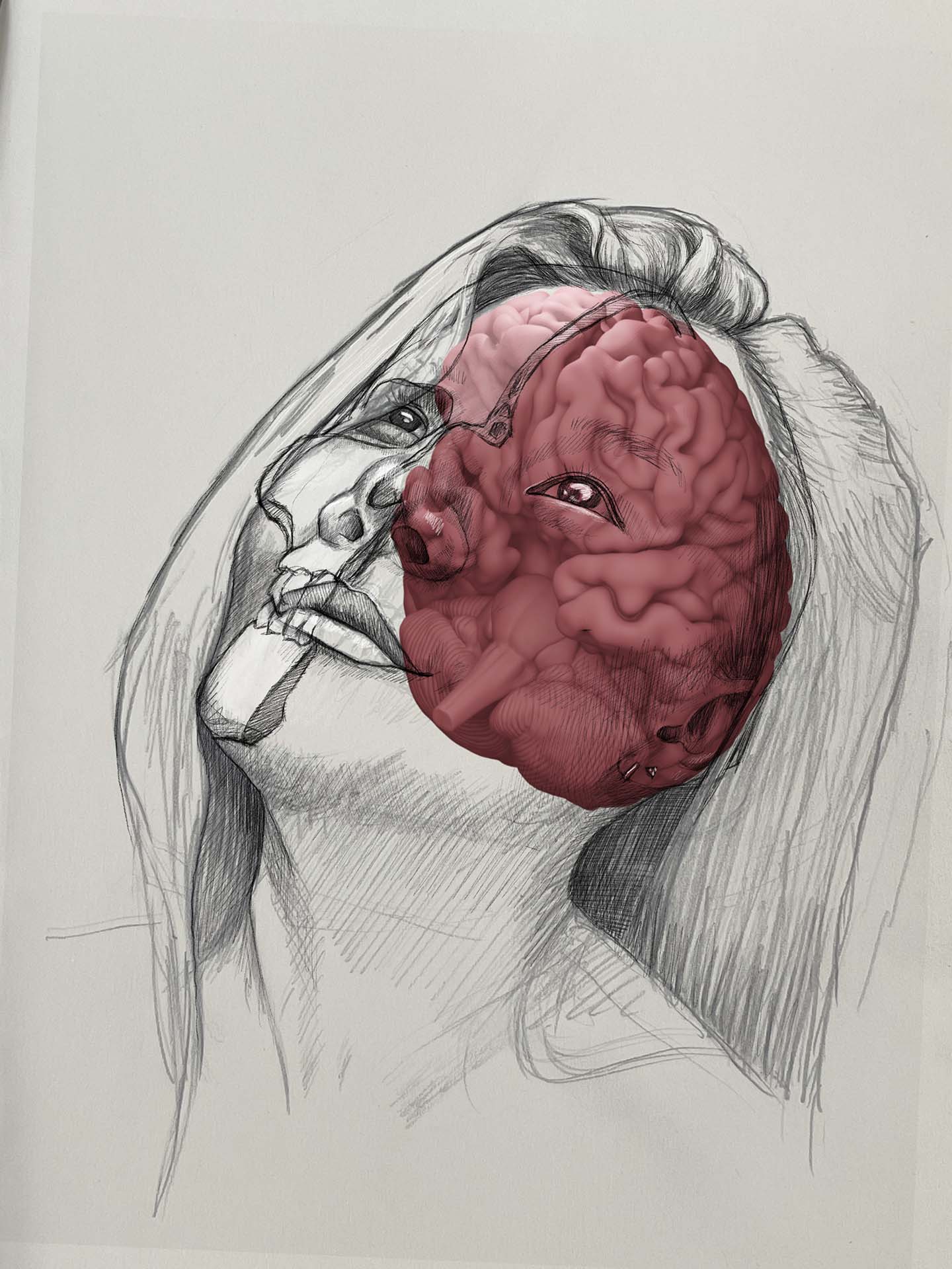 3D Brain in Self Portrait Sketch